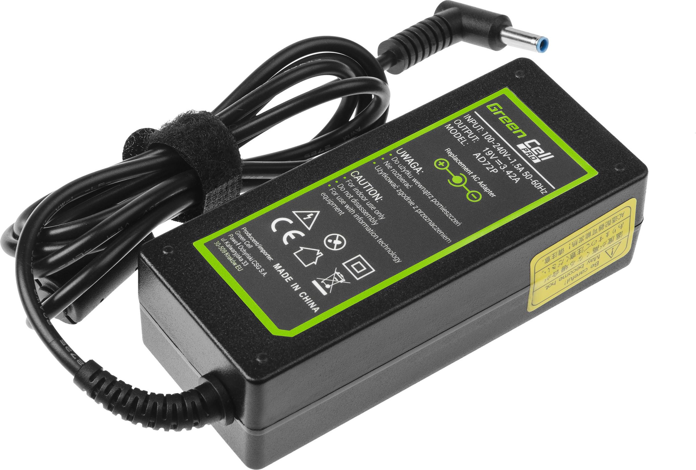Zasilacz do laptopa Green Cell 65 W, 3 mm, 3.4 A, 19 V (AD72P)