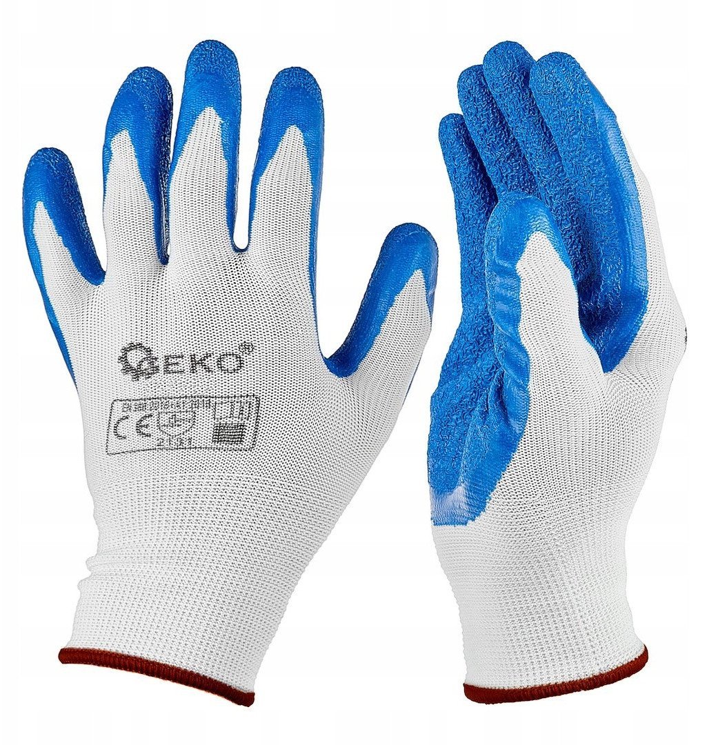 Rękawice ochronne poliestrowe r. 9 /latex biało-niebieskie/ (12/240)