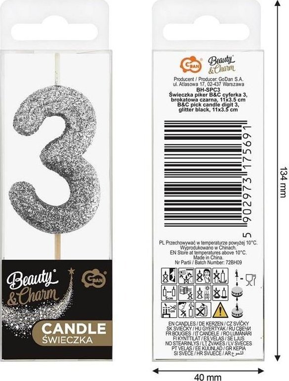 Świeczka piker 3 czarna brokatowa 11x3.5 cm