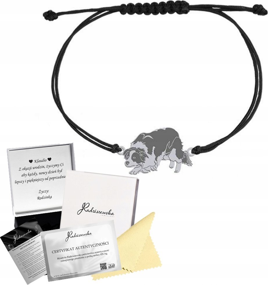 Radziszewska Jewellery Bransoletka Srebrna Border Collie Sznurek Srebro 925 Prezent GRAWER GRATIS