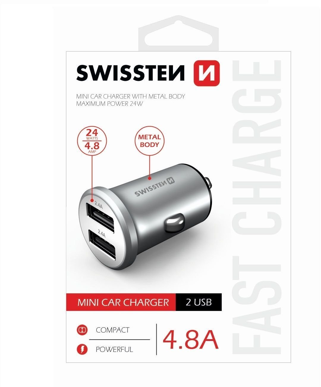 Swissten Metal Premium Car charger 2 x USB / 4.8A Silver