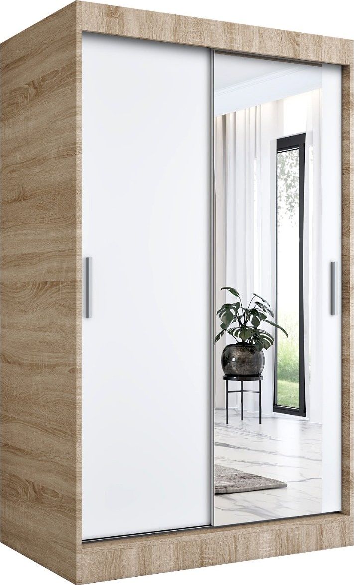 MKPOL Szafa przesuwna MODUO COMFORT 120 dąb sonoma/biała mat z lustrem po prawej