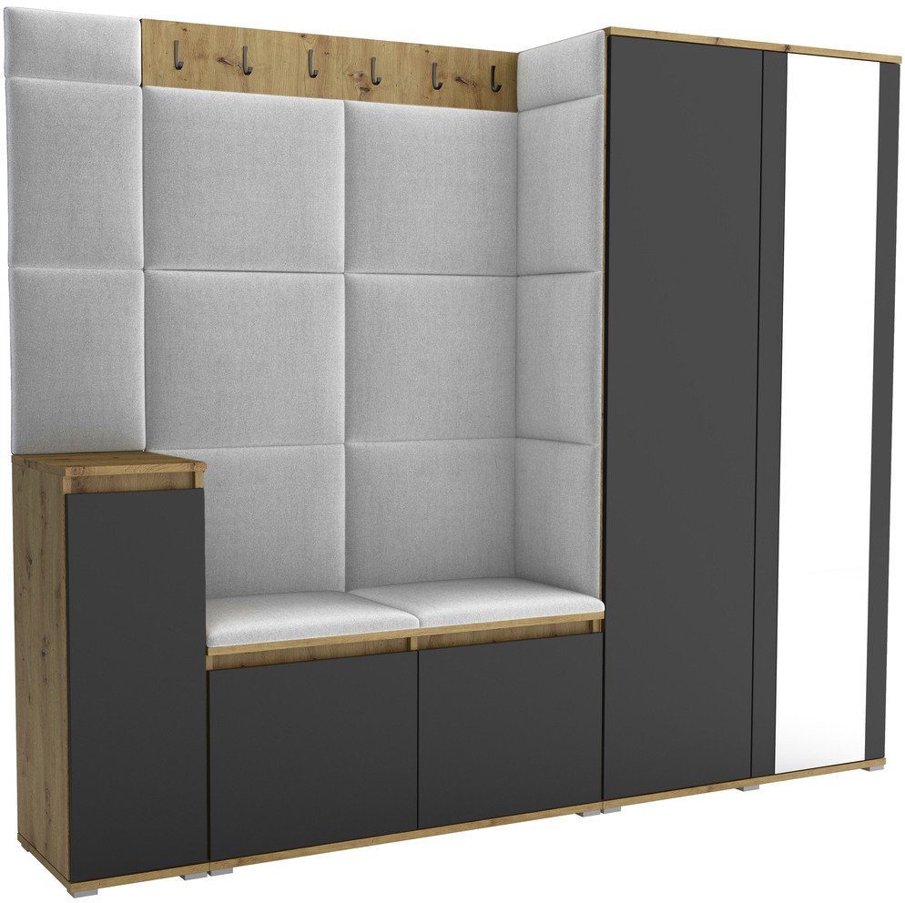 Tapicerowana garderoba Noris VIII z lustrem - kolor artisan z czarnym frontem + tkanina Trinity 32