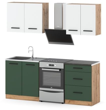 Meble kuchenne modułowe z blatem pojemne 2m wotan biały butelkowa zieleń