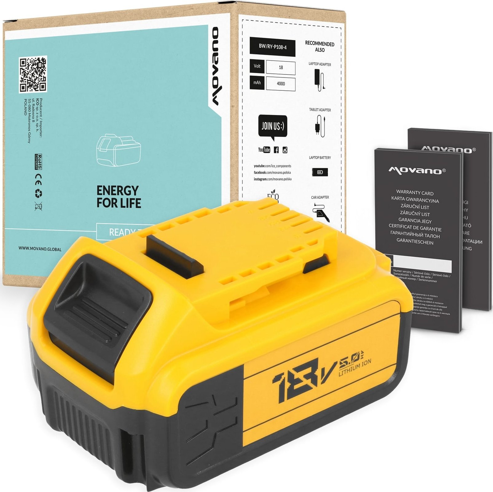 Bateria Movano do DeWalt DCB180, DCB200, DCB205 (5000 mAh)