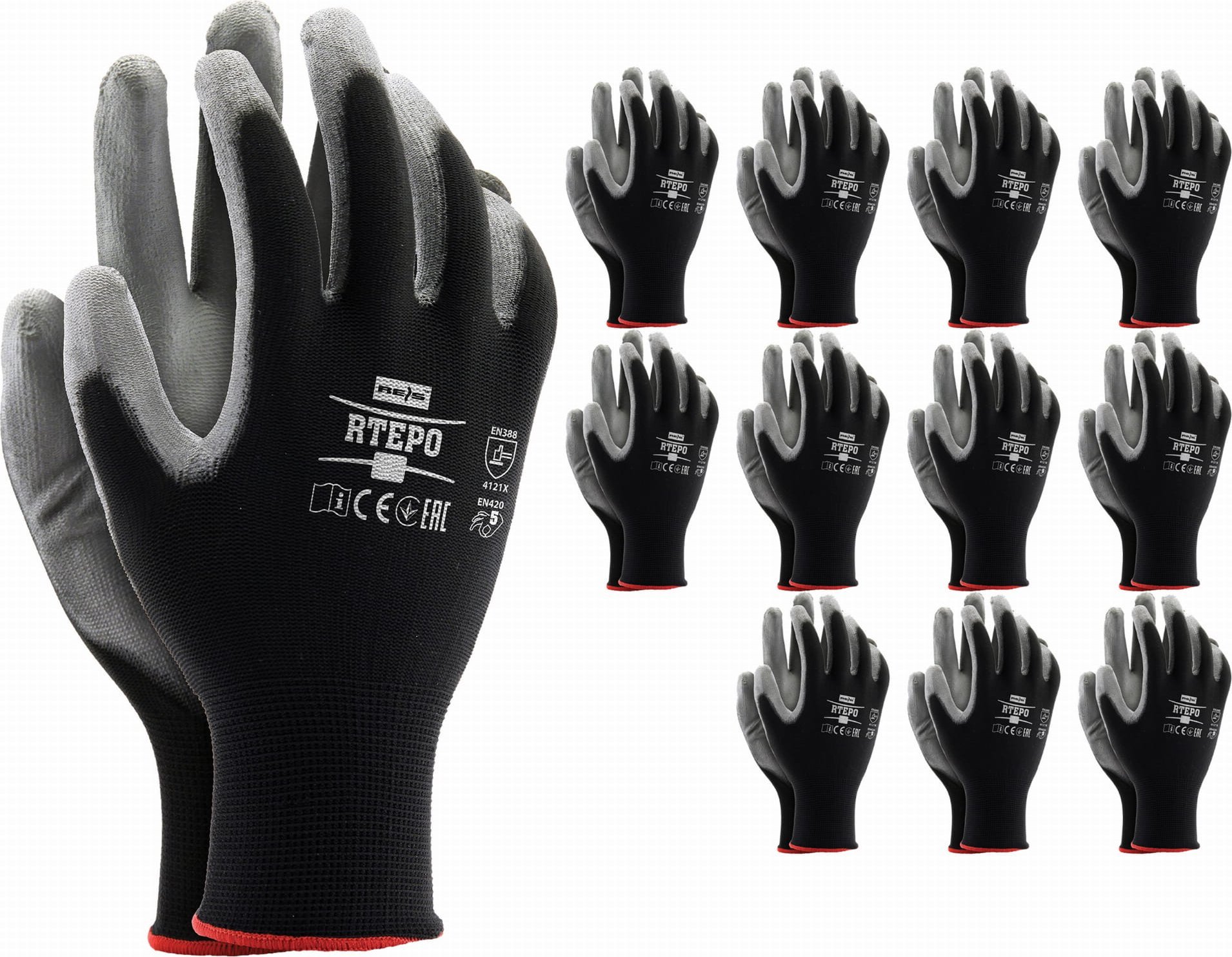 Reis Rękawice robocze / czarno-szare / RTEPO_BS - 12 szt. (8 - M)