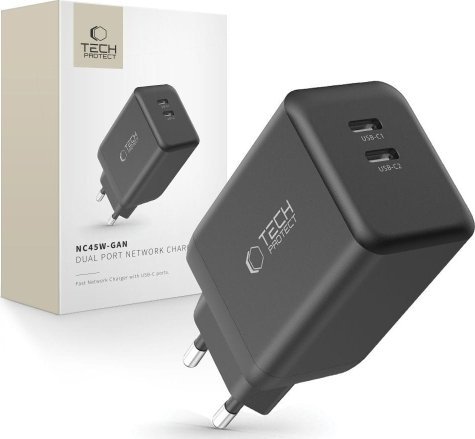 Ładowarka Tech-Protect Ładowarka sieciowa Tech-Protect NC45W-GAN 2xUSB-C Network Charger PD45W Black