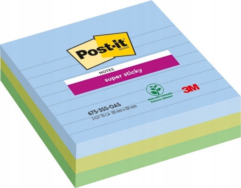 Post-It 3M Karteczki samoprzylepne Post-it® Super Sticky XL, OASIS, w linię, 101x101mm, 3x70 kart.