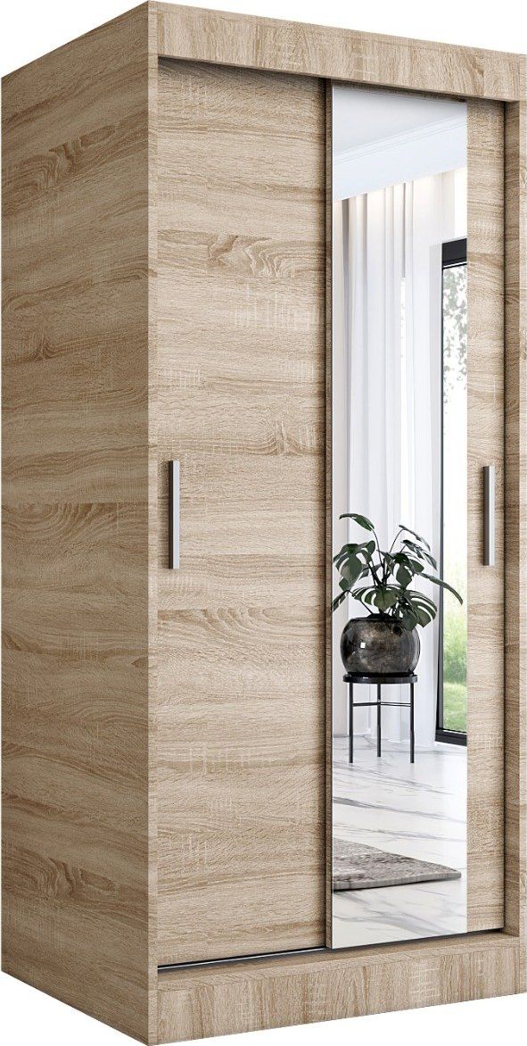 MKPOL Szafa przesuwna MODUO COMFORT 90 dąb sonoma z lustrem po prawej