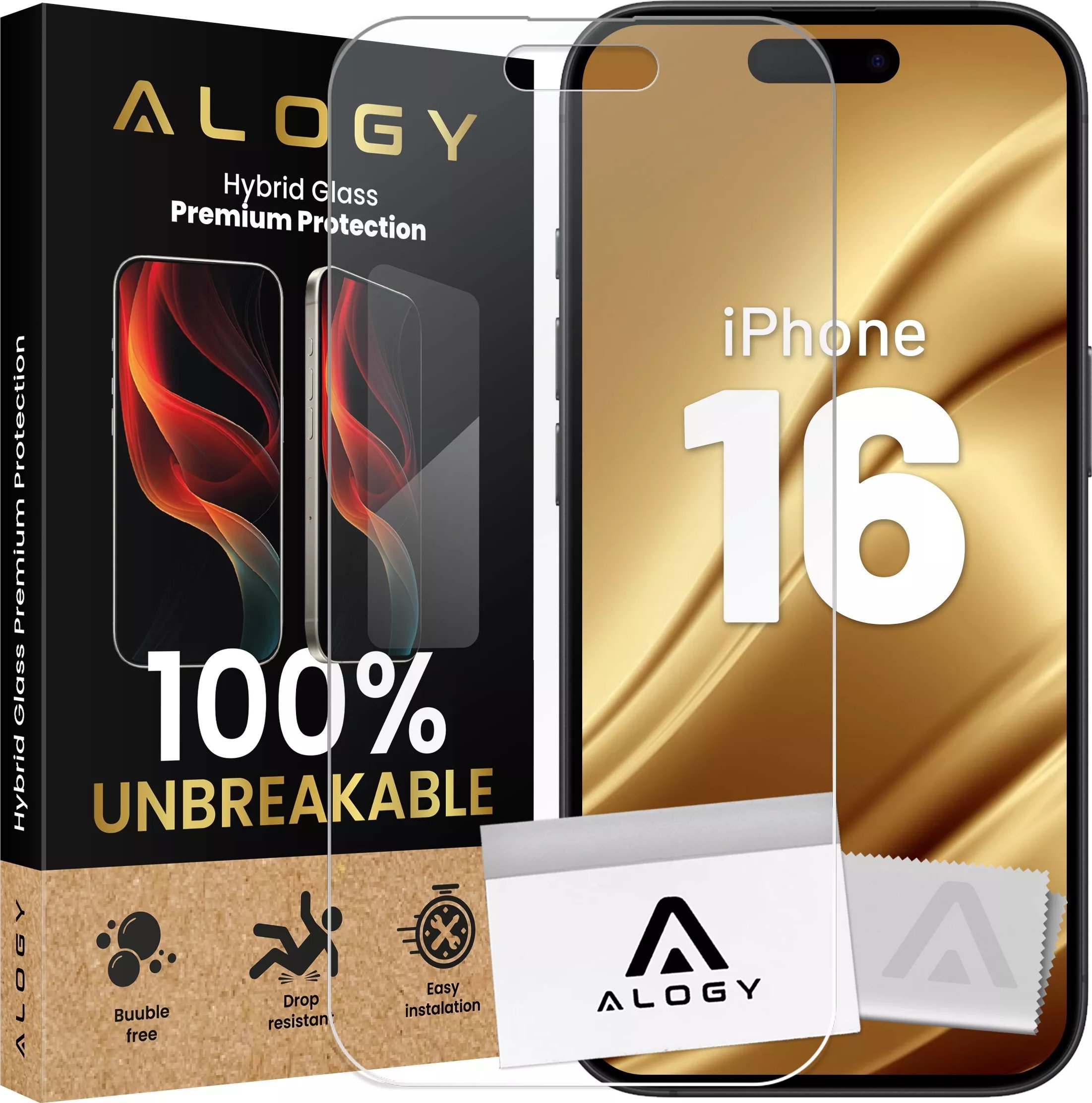 Szkło "NIETŁUKĄCE" do Apple iPhone 16 hybrydowe Alogy Flexi Full Glass 9H płaskie na cały ekran