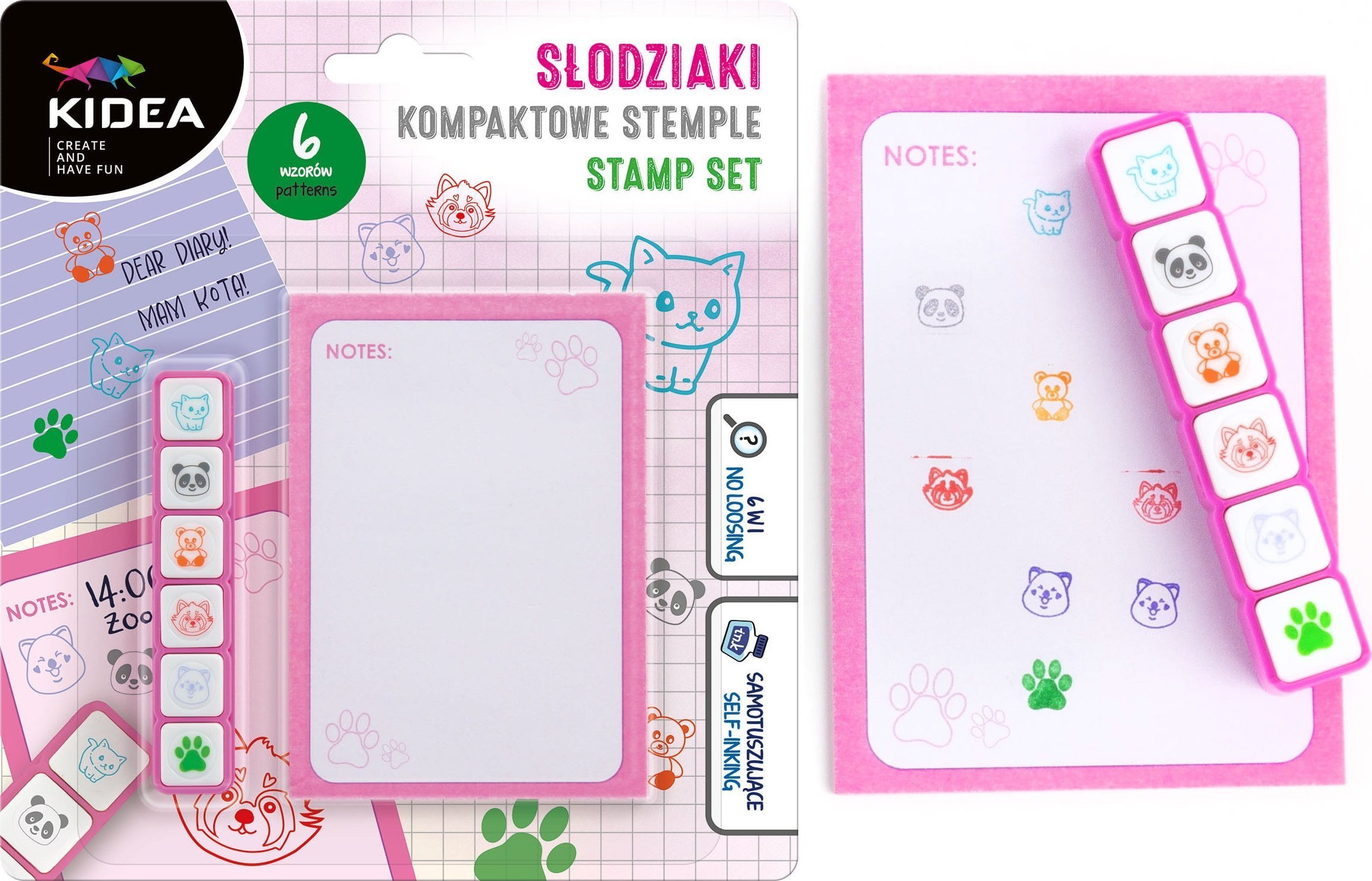 Derform Zestaw stempli pieczątek z notesem słodziaki zwierzęta Kidea
