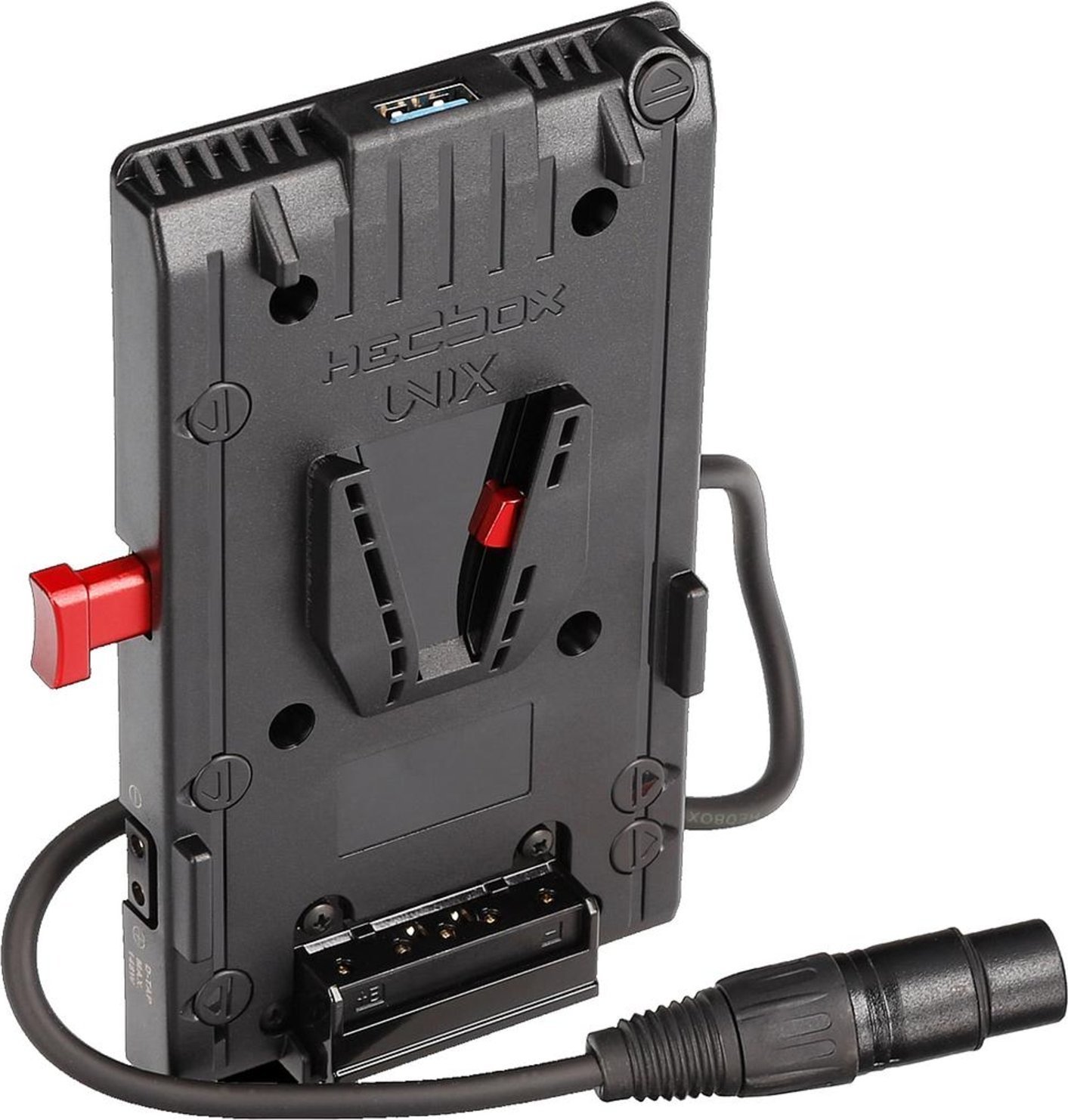 V-lock Power adapter plate; USB Output 5.1V / 2.1A; 3 x D-Tap Output 14.8V / 5A; 50cm Breakway Cable 4-pin XLR