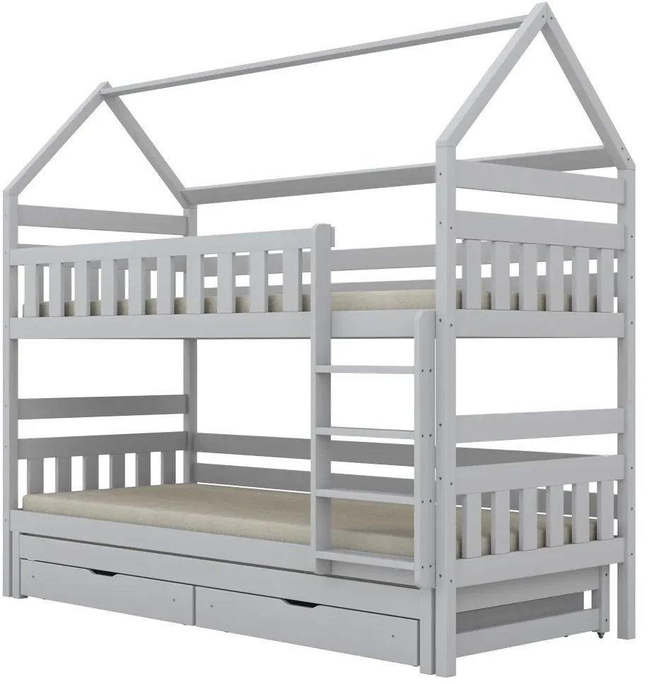 Łóżko piętrowe domek FELIKS 160x80 białe drewniane trzyosobowe z szufladami KOCOT KIDS