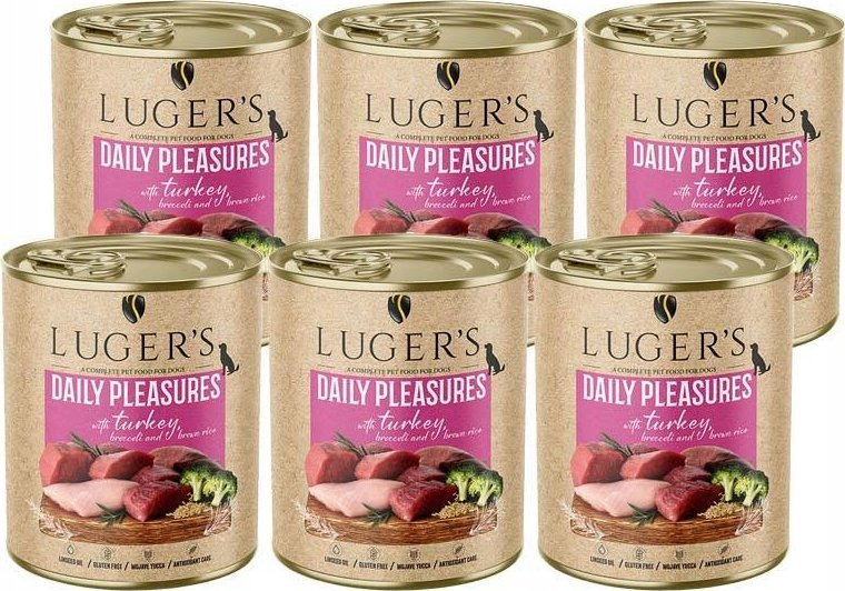 Karma mokra dla psa Luger's Daily Pleasures z indykiem, brokułem i ryżem brązowym zestaw 6 x 800 g