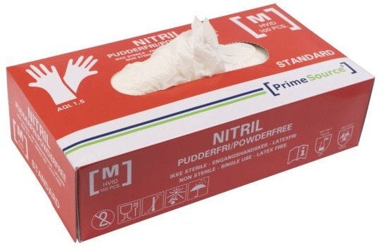 Handske Engangs Prime Source STANDARD str M uden Pudder Nitril AQL 1.5 Hvid,100 stk/pk