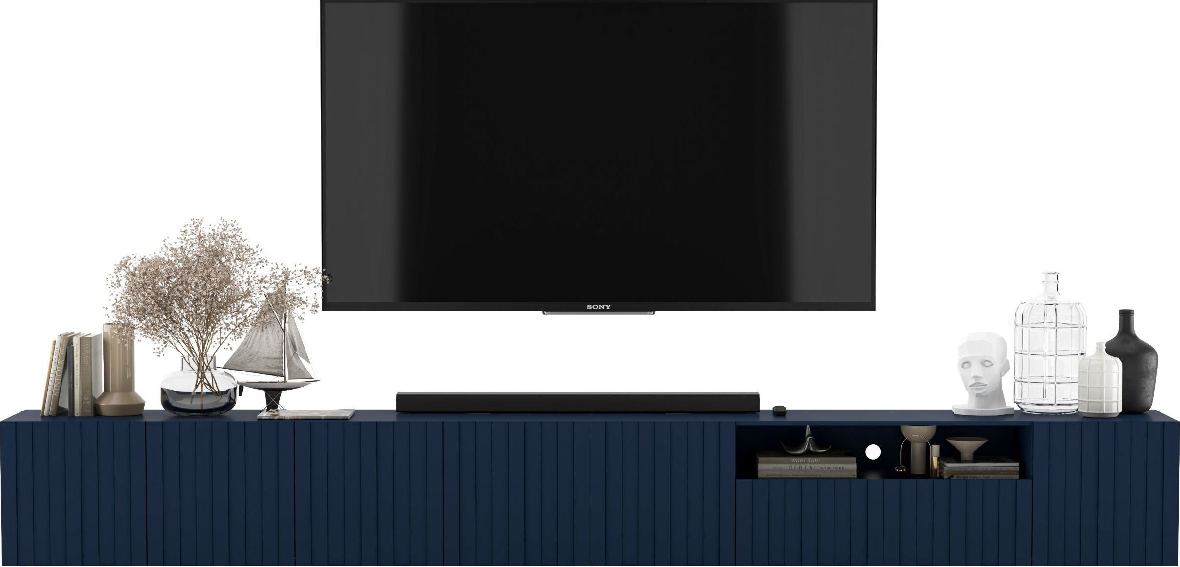 Meble Lindner Nowoczesna Wisząca Szafka RTV Glamour Meble Lindner Komoda RTV Granatowy Mat 300 cm