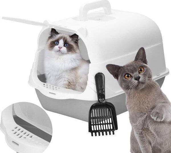 Springos Kuweta zamknięta dla kota z łopatką 49x36x35 cm szaro-biała UNIWERSALNY