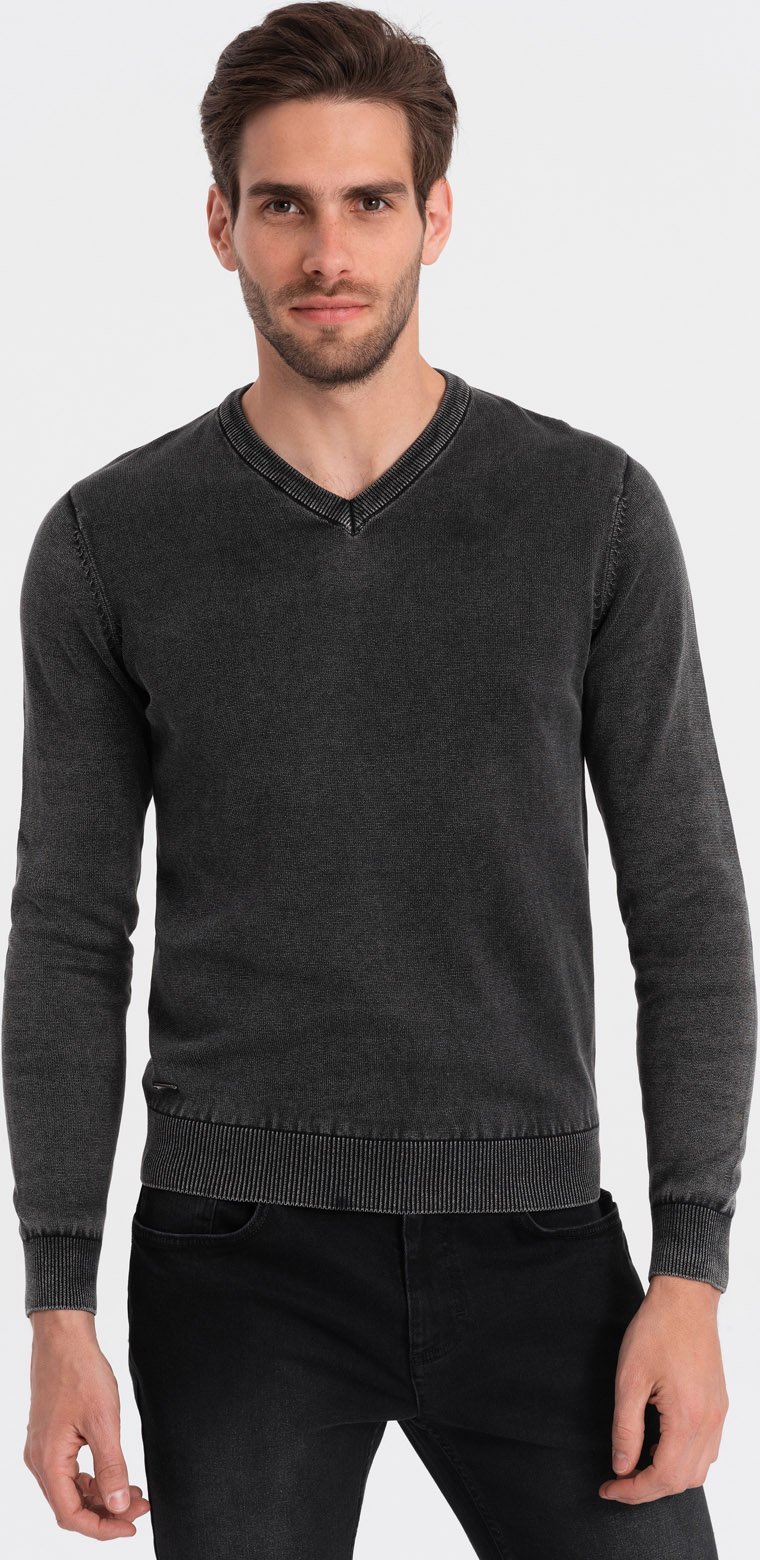 Ombre Washowany sweter męski z dekoltem w serek - czarny V1 OM-SWOS-0108 XL