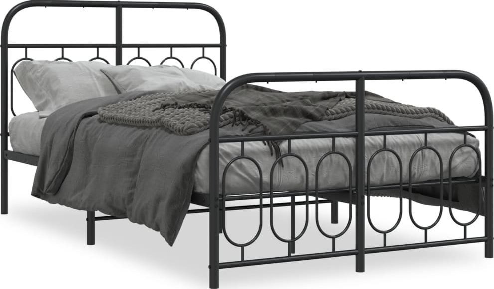 Metalowa Rama Łóżka Z Wezgłowiem I Zanóżkiem, Czarna, 120X190Cm