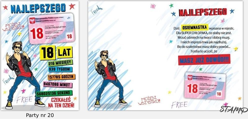 Karnet Party naklejany B6+koperta Urodziny 18 wz20