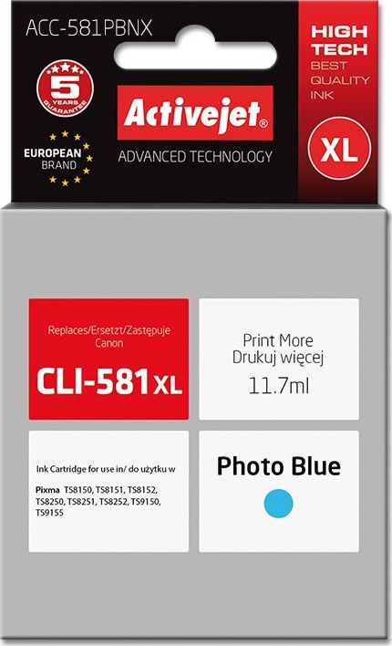 Tusz Activejet Activejet Tusz Activejet ACC-581PBNX (zamiennik CLI-581PB XL; Supreme; 11,70 ml; Photo Blue)