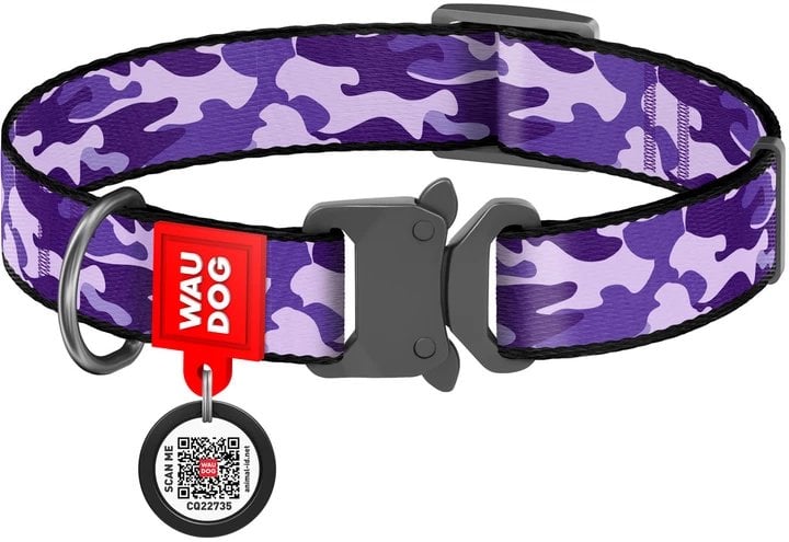 Collar WAU DOG OBROŻA NYLON Z ADRESÓWKĄ QR KLAMRA METAL 25mm/33-49cm FIOLETOWE CAMO