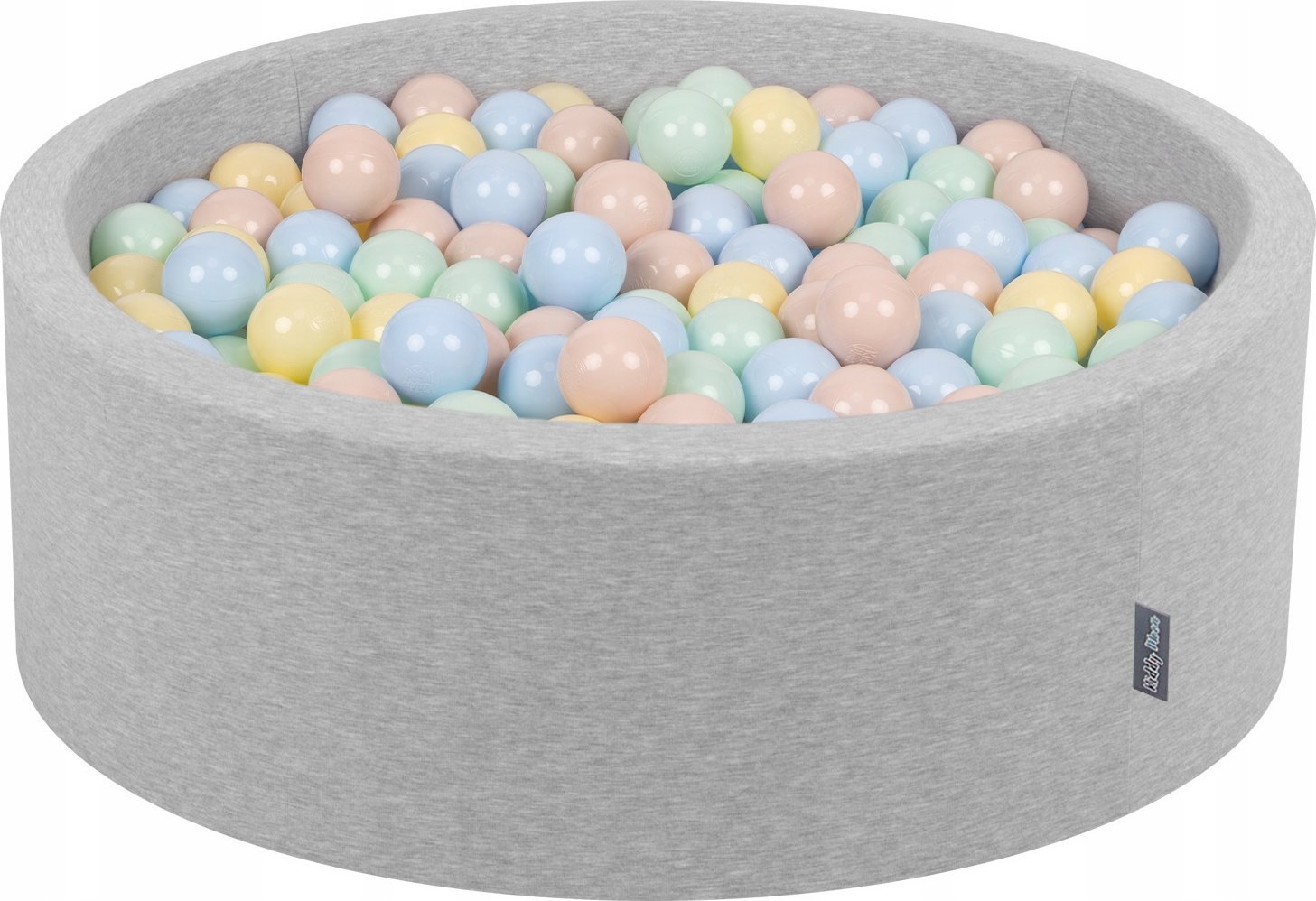 KiddyMoon Suchy basen okrągły z piłeczkami 7cm jasnoszary: pastelowy beż-pastelowy niebieski-pastelowy żółty-mięta 90x30cm/300piłek Zabawka basen pian