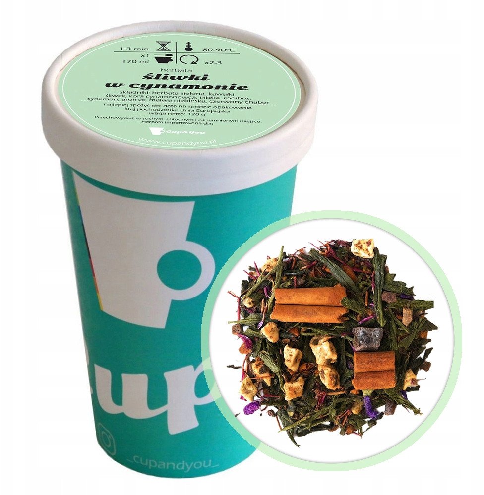 Herbata zielona ŚLIWKI W CYNAMONIE jabłka śliwki cynamon chaber malwa 120g - herbata liściasta sypana mieszanka napar susz