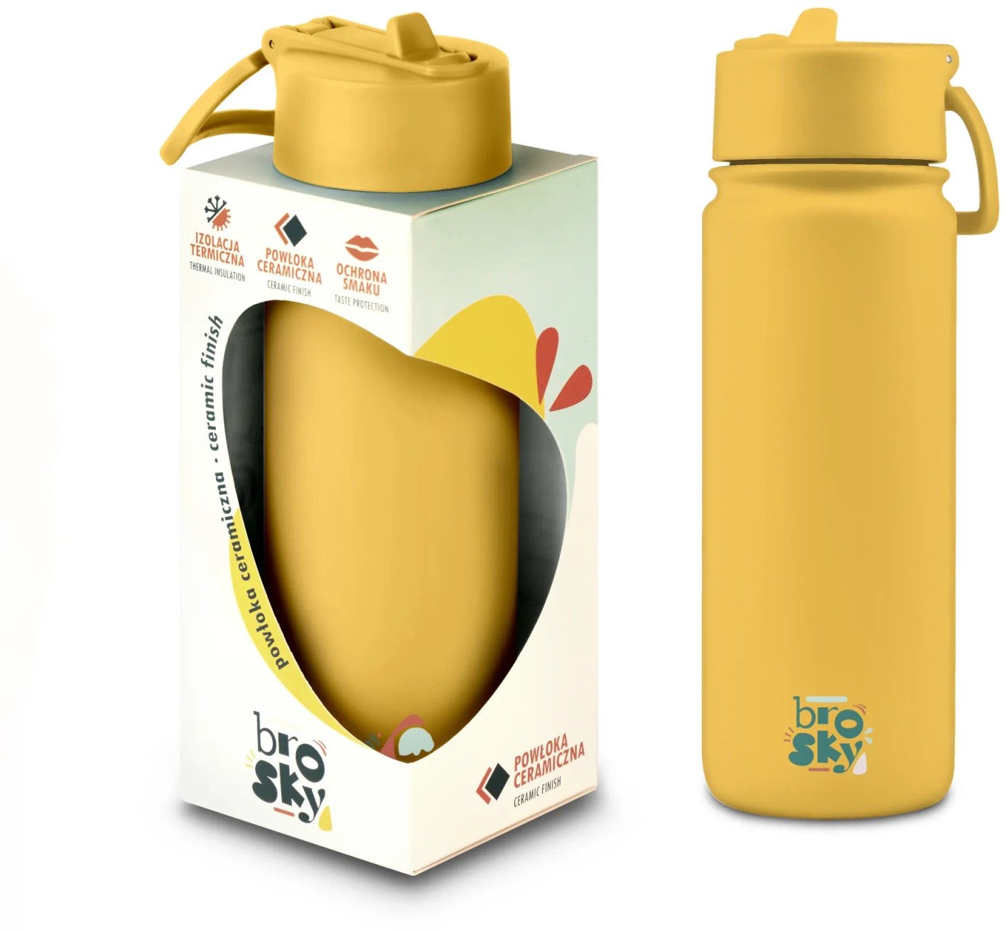 Brosky Abstract Żółta stalowa butelka termiczna ze słomką 550 ml