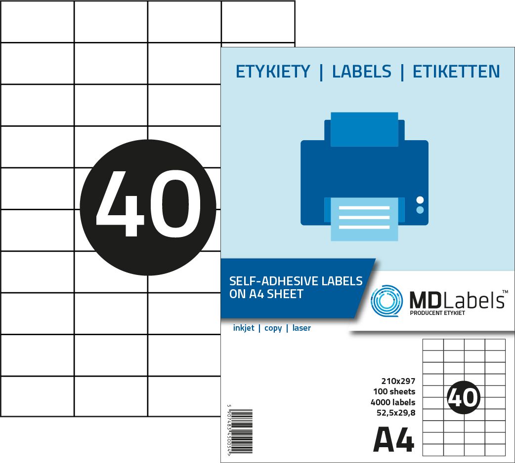 MD Labels Etykiety naklejki samoprzylepne 52,5x29,8mm na arkuszu A4 100 ark