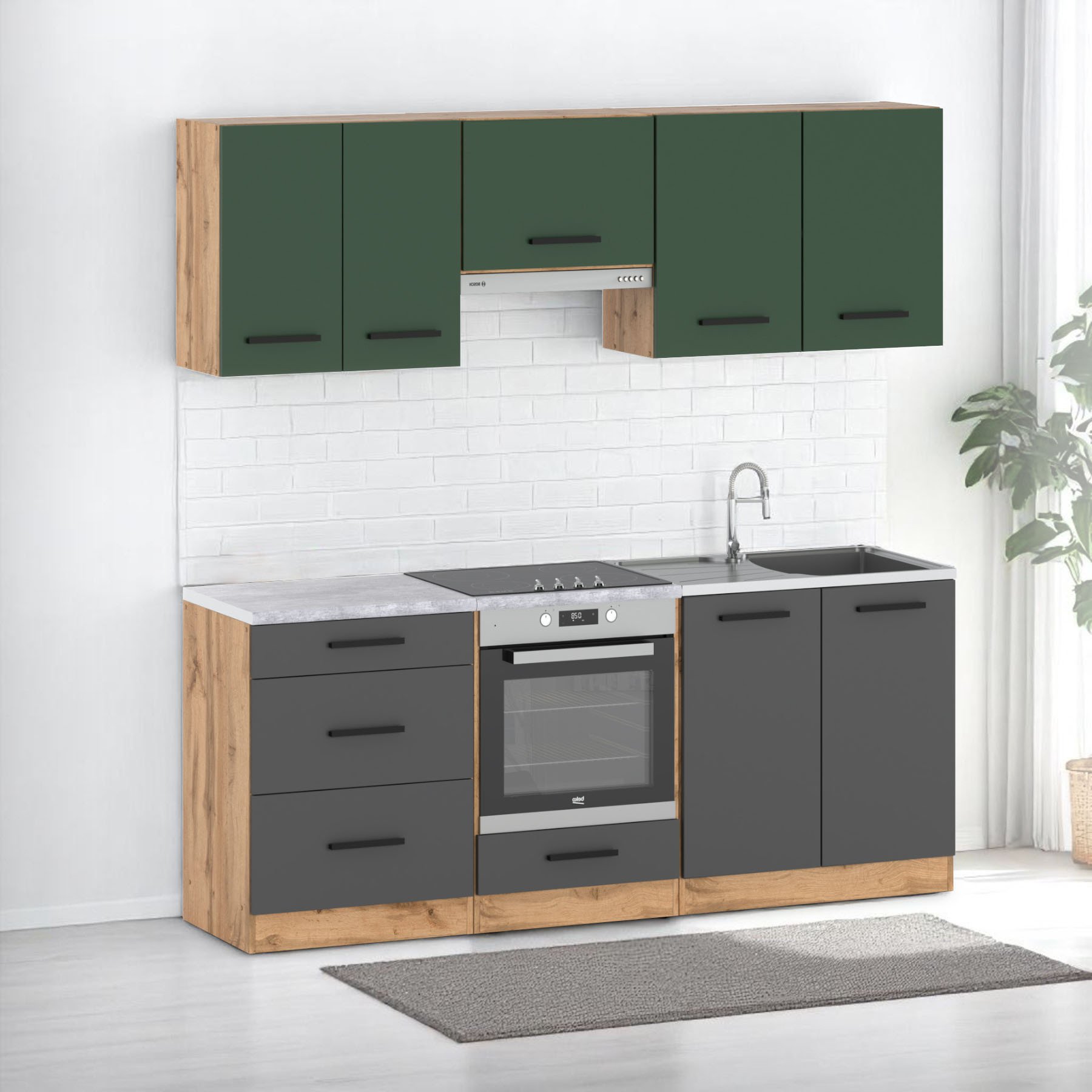 Zestaw Kuchenny Z Blatem Pojemny Mały 2.0m Wotan Butelkowa Zieleń Szary Mat