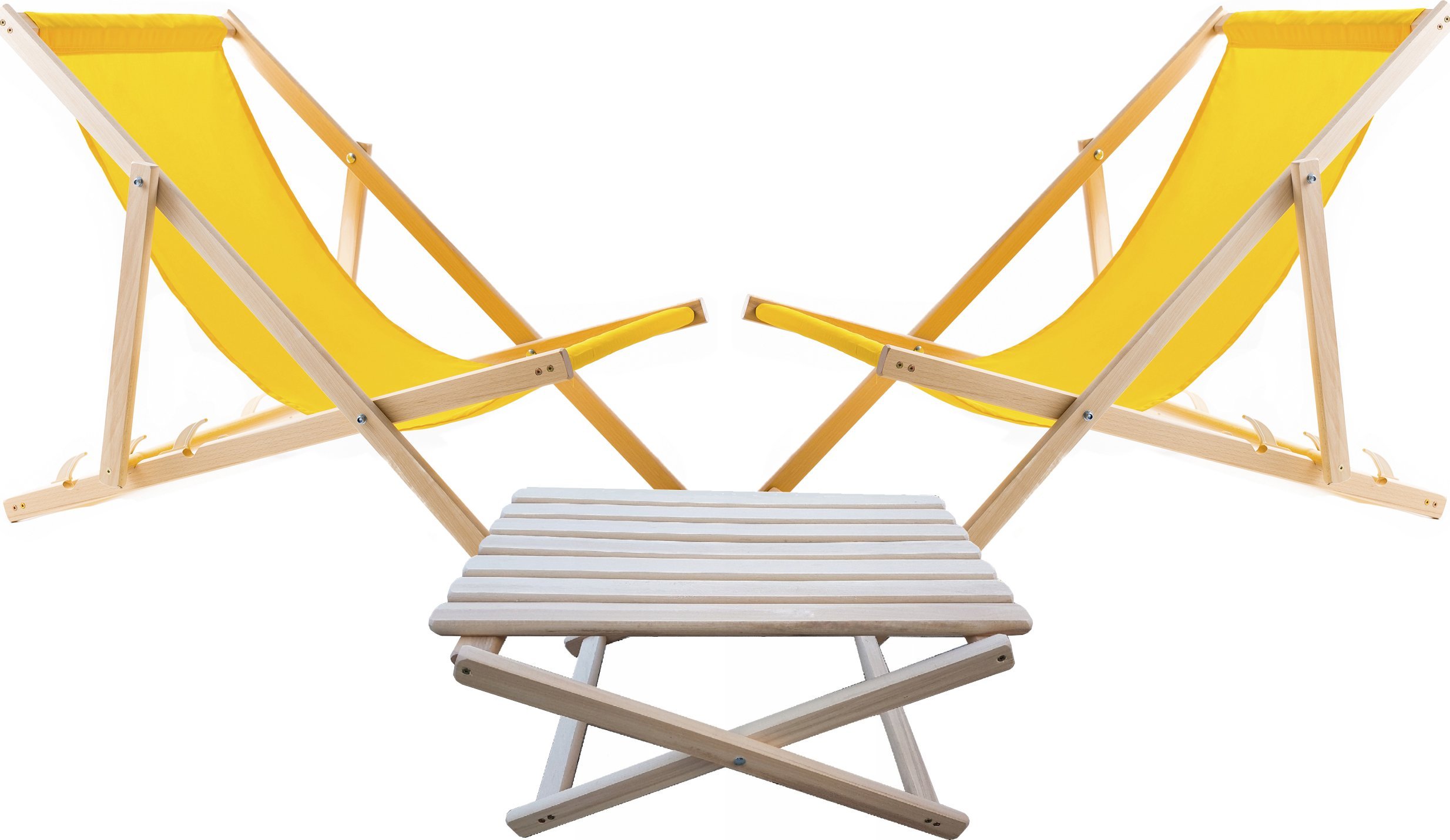 2X LEŻAK PLAŻOWY OGRODOWY DREWNIANY WOODOK żółta tkanina + STOLIK KAWOWY SKŁADANY