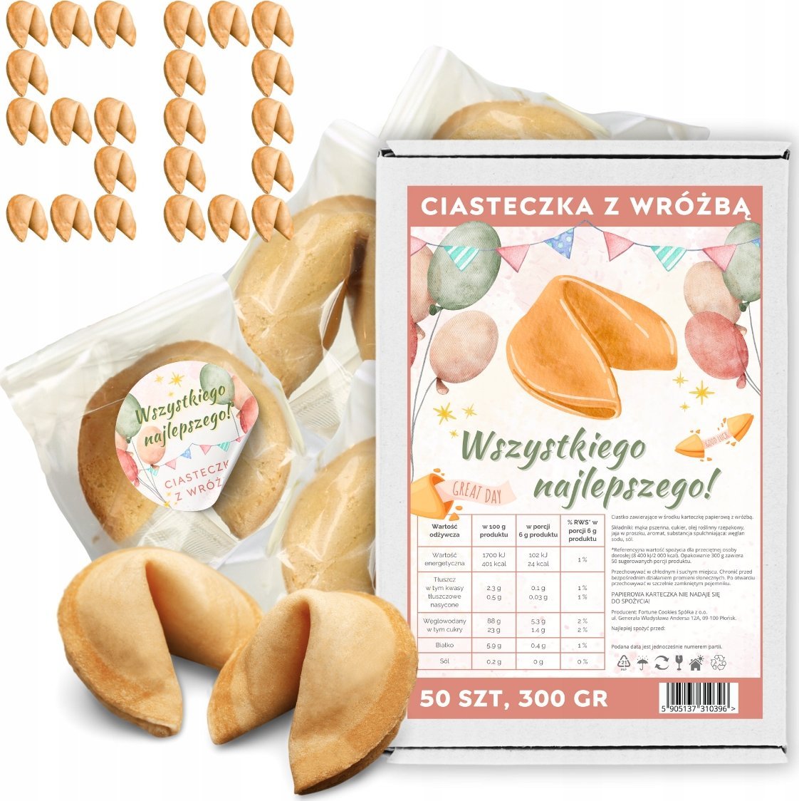 MagiaCiast Ciasteczka z Wróżbą Wszystkiego Najlepszego Chińskie Ciasteczka 50 szt