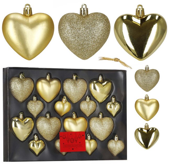 Springos Bombki choinkowe 16 szt. zestaw ozdób świątecznych, nienaruszalne, serca, złote UNIWERSALNY