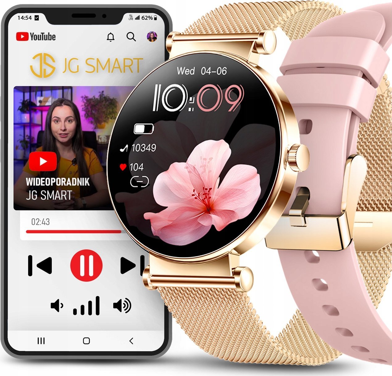 SMARTWATCH ZEGAREK DAMSKI ROZMOWY MENU PL CIŚNIENIE POWIADOMIENIA 2 paski