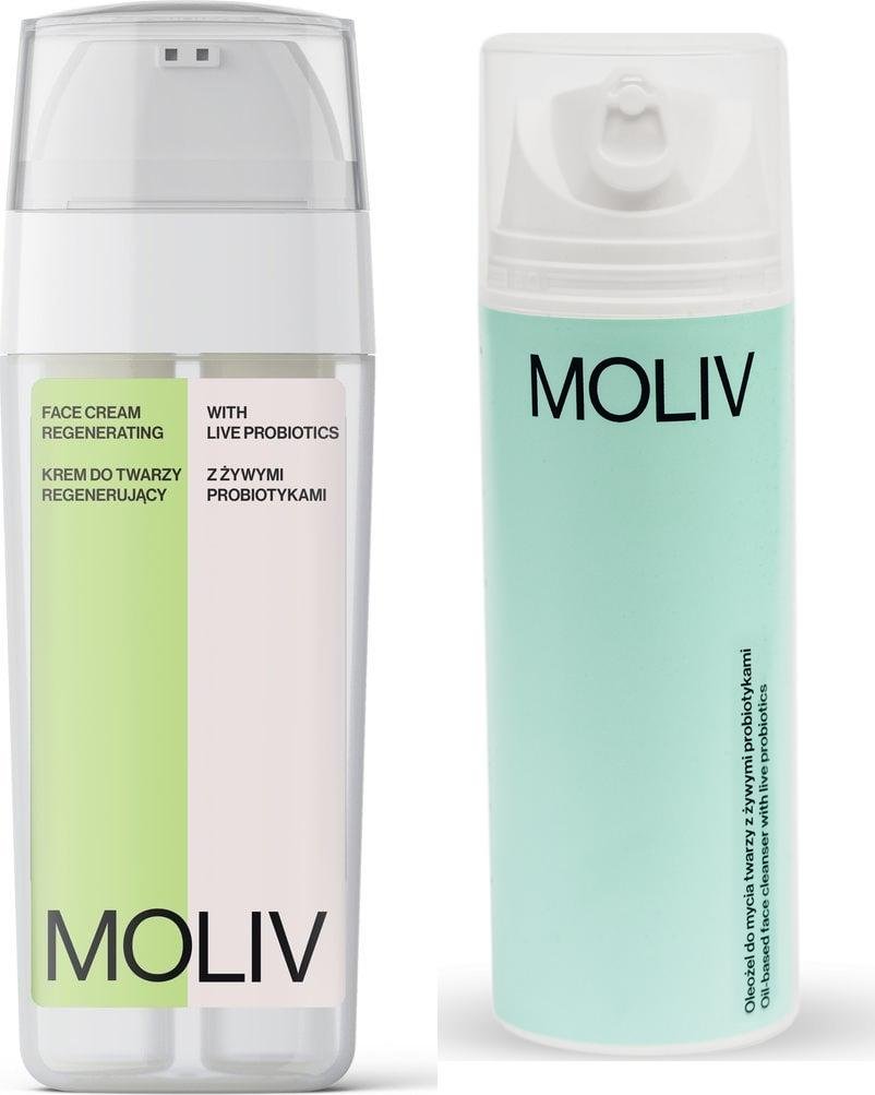 MOLIV Krem do twarzy z żywymi probiotykami, Regenerujący + Oleożle do mycia twarzy z żywymi probiotykami