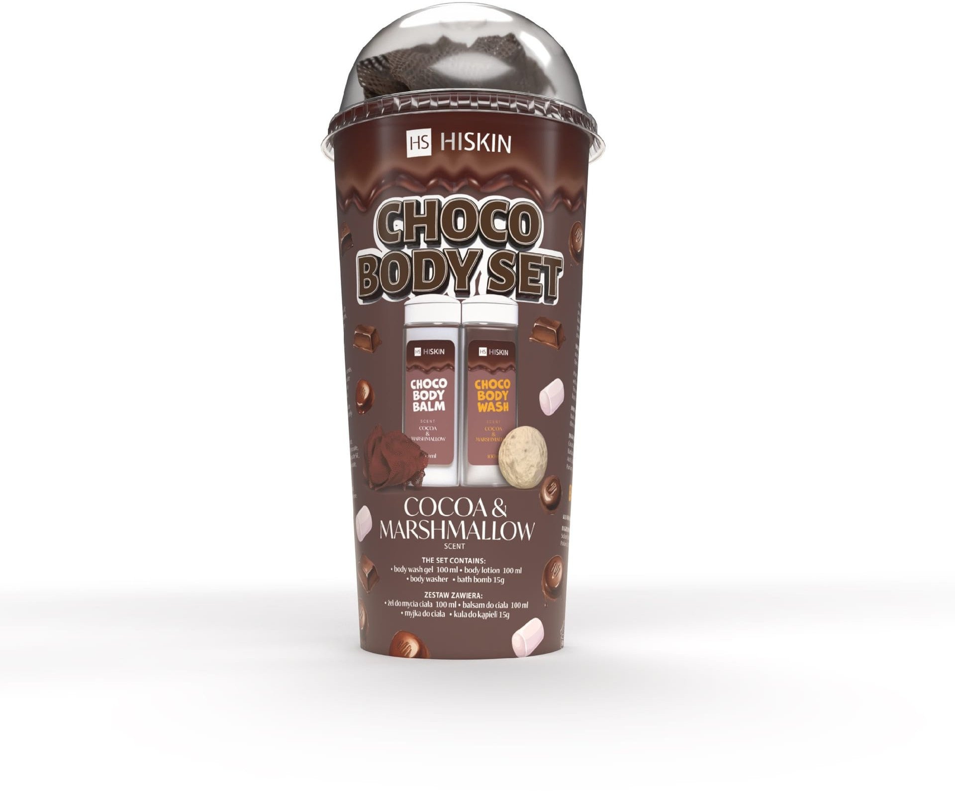 HISKIN Body Set Tuba Zestaw produktów do kąpieli - Choco (żel do mycia ciała 100ml+balsam do ciała 100ml+myjka+kula 15g)