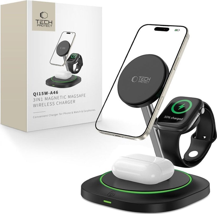 TECH-PROTECT QI15W-A46 3IN1 MAGNETIC MAGSAFE WIRELESS CHARGER BLACK standard