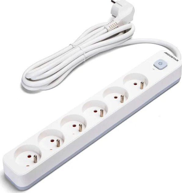 Aigostar Francuski przedłużacz 6-gniazdowy z wyłącznikiem biało-szary 3m Francuski przedłużacz 6-gniazdowy z wyłącznikiem biało-szary 3m
