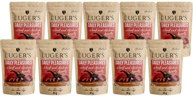 Karma mokra dla kota Luger's Daily Pleasures Sterilised z wołowiną i sercami z kurczaka zestaw 10 x 85 g