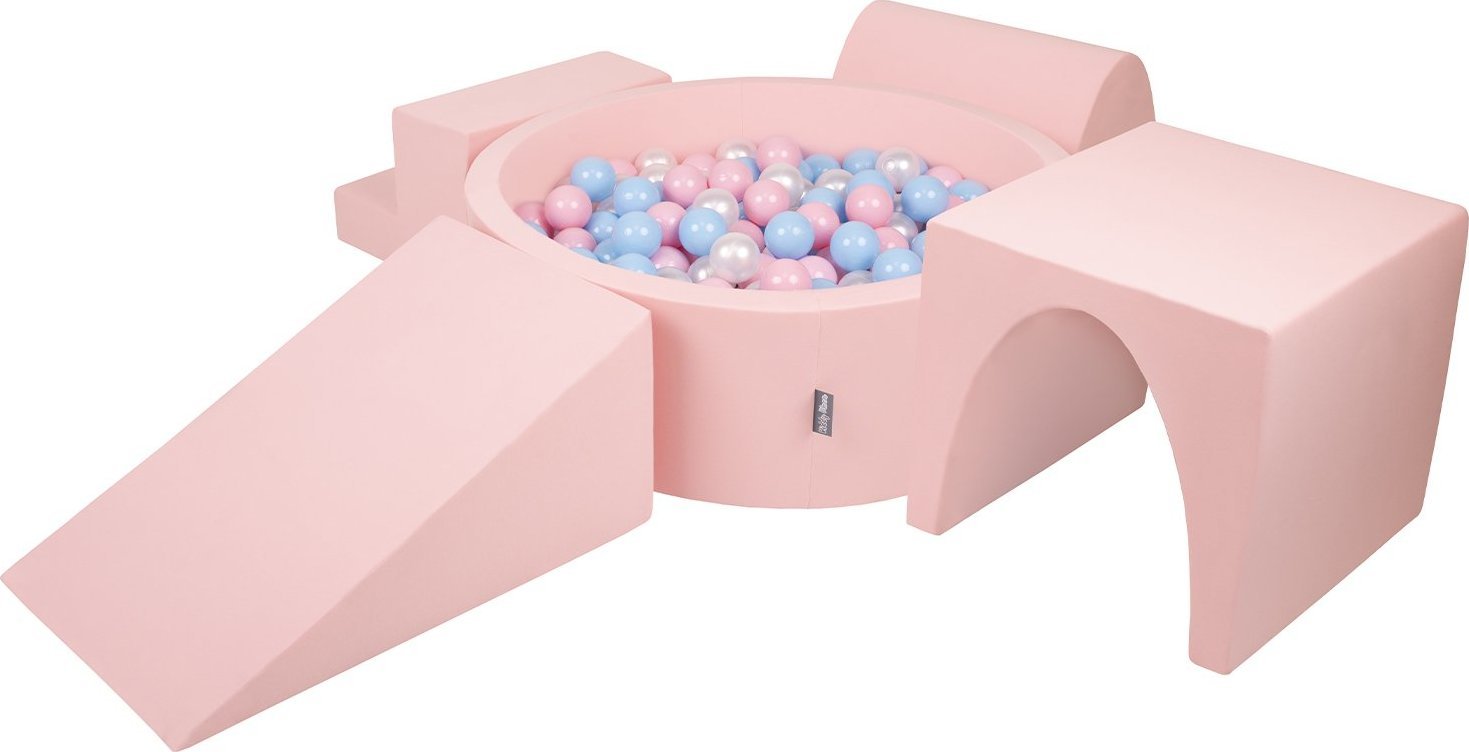 KiddyMoon KiddyMoon Piankowy plac zabaw PPZP-OK30D-125 z piłeczkami różowy: babyblue-pudrowy róż-perła basen 200/klin L/górka/tunel/schodek Zabawka pl