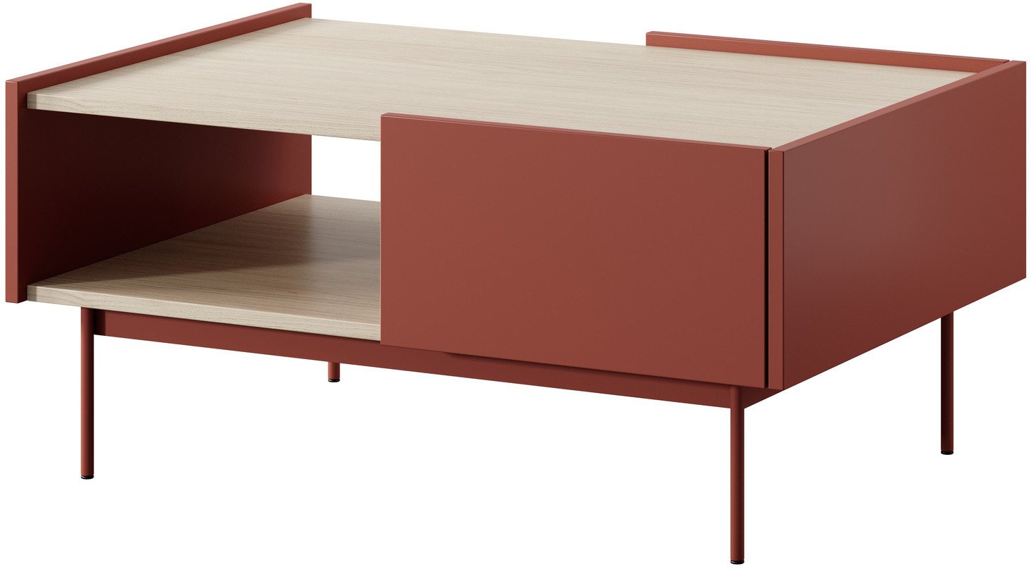 Stolik kawowy Lumo w kolorze czerwonym i metalowymi nóżkami