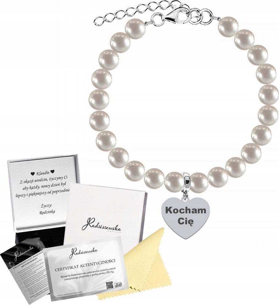 Radziszewska Jewellery BRANSOLETKA SREBRNA Z PEREŁ SERCE Z GRAWEREM PREZENT 925 ŻYCZENIA GRATIS