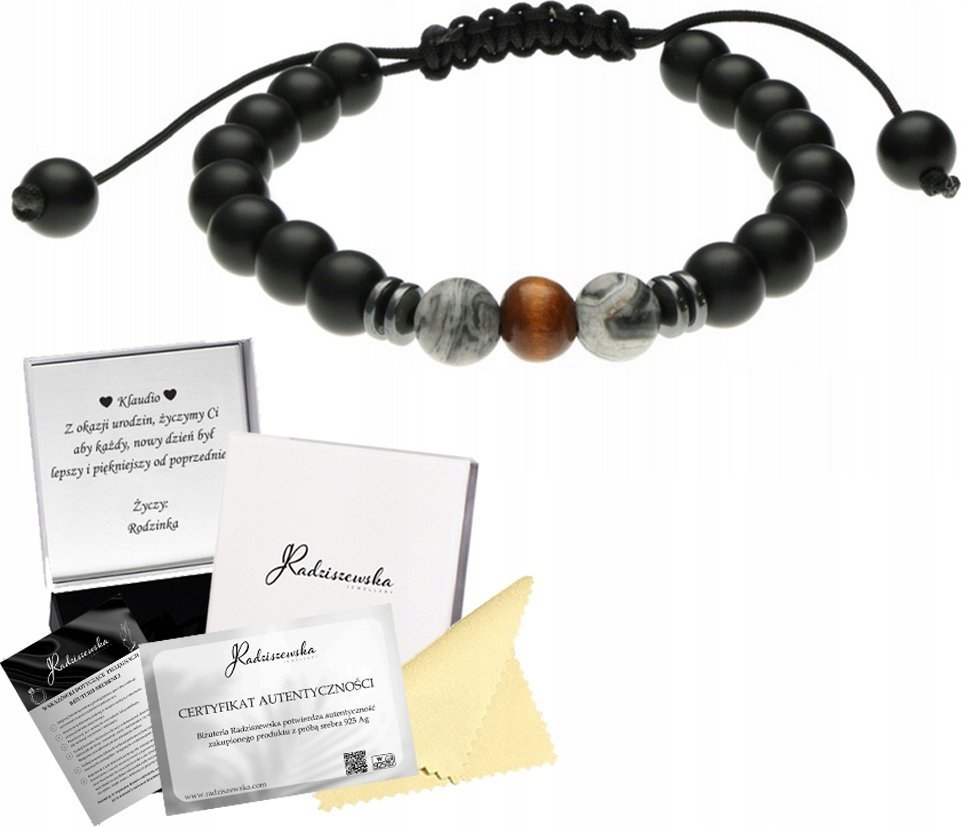 Radziszewska Jewellery Bransoleta Męska z Kamieni Naturalnych Onyks Sznurek Prezent Dzień Chłopaka