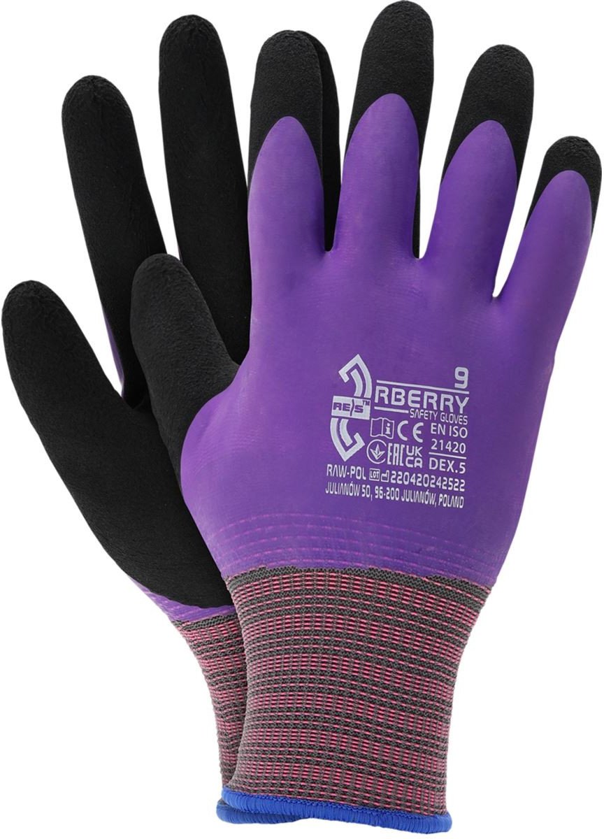 RBERRY - Rękawice ochronne damskie dzianina 100% poliester (ścieg 13) wierzch lateks smooth chwyt lateks FOAM ściągacz 9