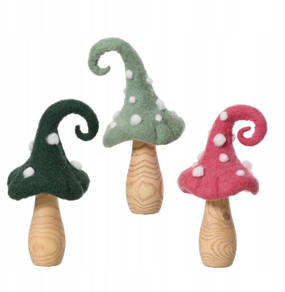 Dekoracyjna figurka wełniana grzyb na drewnie jesienna 21cm