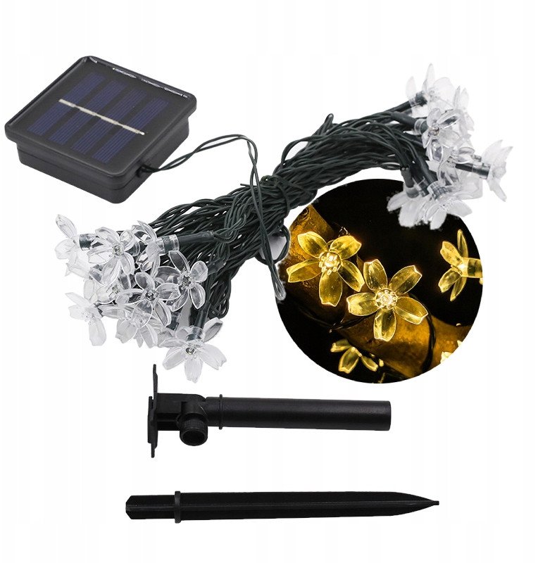 Lampki SOLARNE Ogrodowe KOMPLET 5metrów 20 LED Kwiatki CIEPŁE BIAŁE Ozdobne