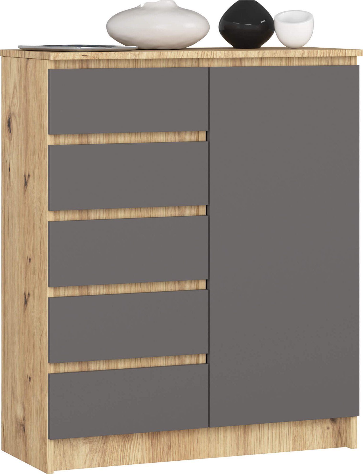 Fabryka Mebli Akord Komoda do salonu 80 cm 1 drzwi 5 szuflad 3 półki - dąb artisan-grafit szary