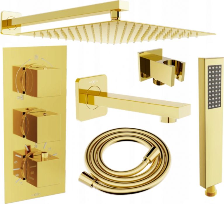 Zestaw prysznicowy Mexen Mexen Cube DR02 zestaw wannowo-prysznicowy podtynkowy z deszczownicą 30 cm, złoty - 77503DR0230-50