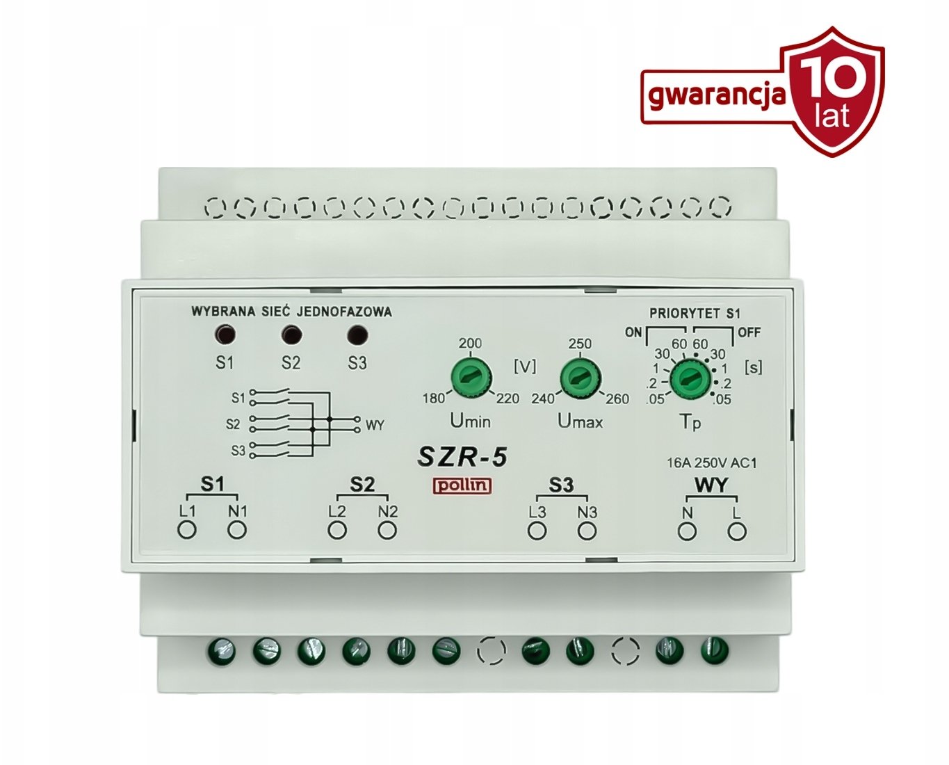 Sterownik układu SZR, 1P, reg. dolnego i górnego progu, czasu przełączania, wybór trybu pracy z lub bez priorytetu źródła SZR-5